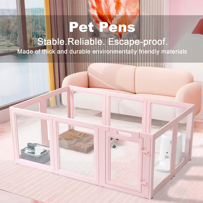 Pink Clear Acrylic Pet Pen Playpen Easy-to-Assemble Pet Dog Crate Kennel Cage for Puppy Cat Rabbit for Small Dogs Indoor Use